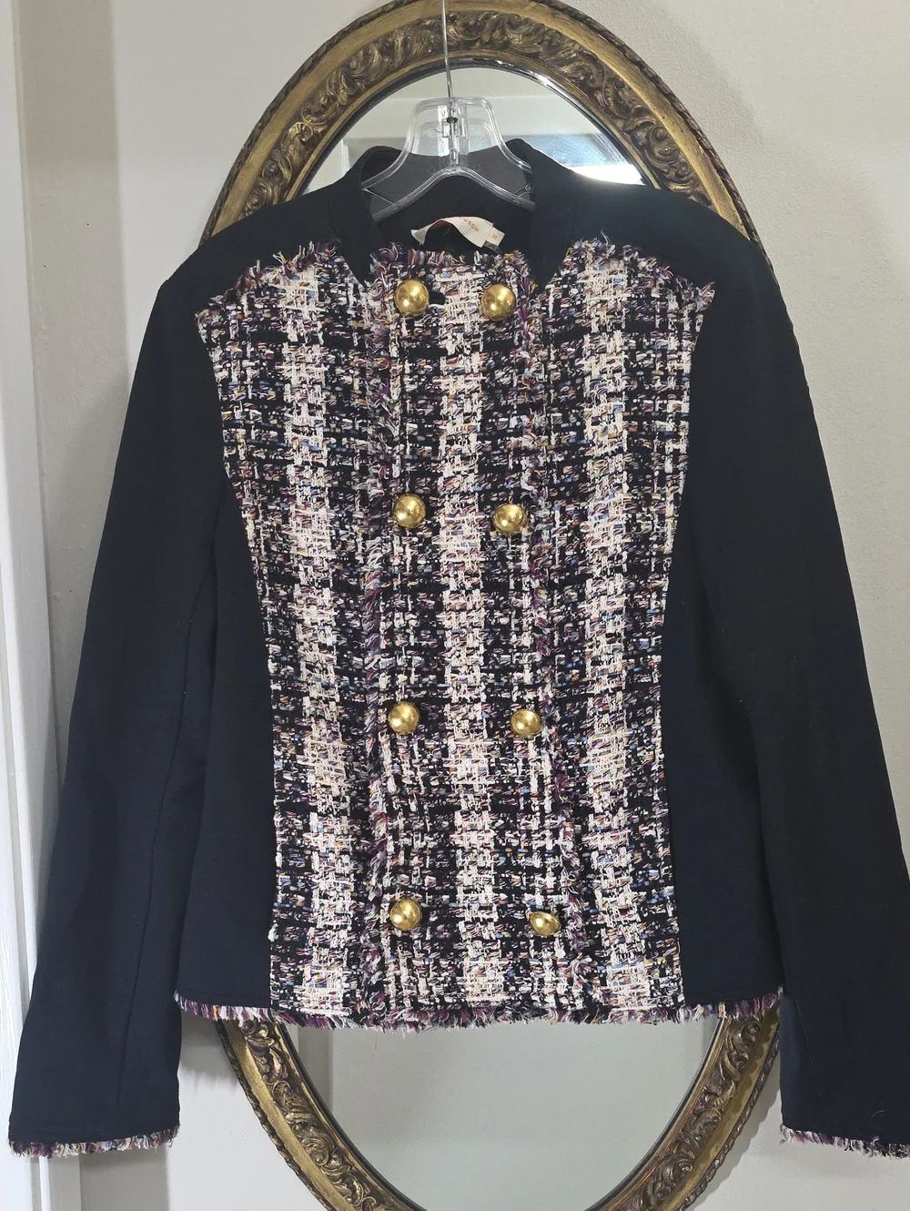 Tory Burch Sammy Black Tweed Jersey Jacket Multicolor Front Gold Buttons Size 12